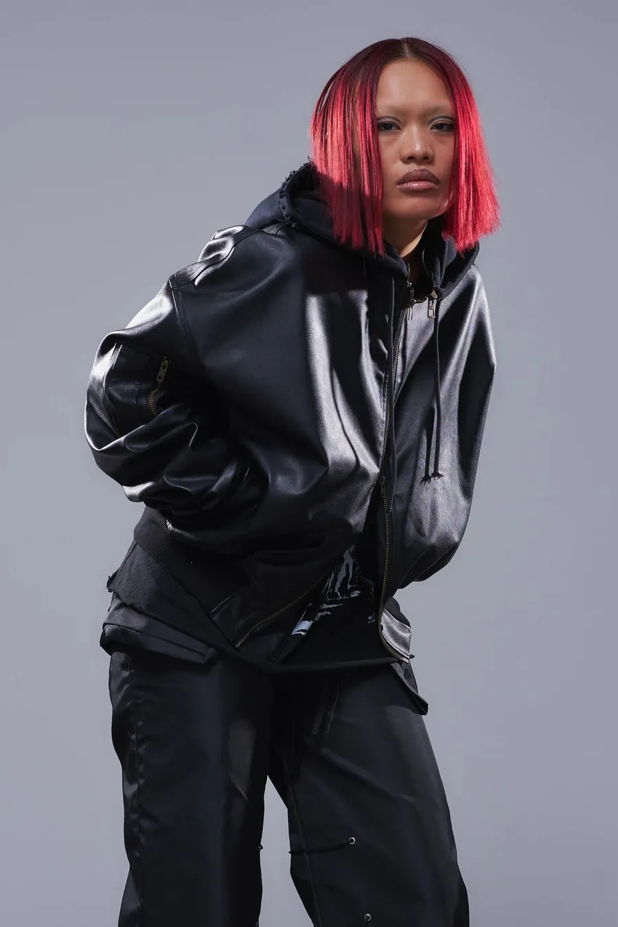 Hooded Leather Jacket — the existing on-model photo used as source